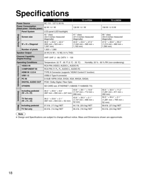 Page 1818
Specifications
TC-L42E50TC-L47E50 TC-L55E50
Power Source AC 110 - 127 V, 60 Hz
Power Consumption
(Rated power / Standby power)92 W / 0.1 W 126 W / 0.1 W158 W / 0.15 W
Display PanelPanel SystemLCD panel (LED backlight)
Screen size 42 ” class 
(42.0 inches measured 
diagonally) 47 ” class 
(47.0 inches measured 
diagonally)55 ” class 
(54.6 inches measured 
diagonally)
W × H × Diagonal 36.6 ” × 20.6 ” × 42.0 ”
(930 mm × 523 mm × 
1,067 mm) 40.9 ” × 23.0 ” × 47.0 ”
(1,040 mm × 585 mm × 
1,193 mm)47.6 ” ×...
