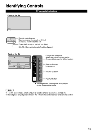 Page 1515
Identifying Controls
TV controls/indicators
Note
  The TV consumes a small amount of electric energy even when turned off.  Do not place any objects between the TV remote control sensor and remote control.
•  An image of the control panel is displayed on the screen while in use.
C.A.T.S. (Contrast Automatic Tracking System)
 Power indicator ( on: red, off: no light)
Front of the TV
Remote control sensor
Maximum range for remote is 23 feet 
(7 meters) from front of TV set
Back of the TV
Volume up/down...