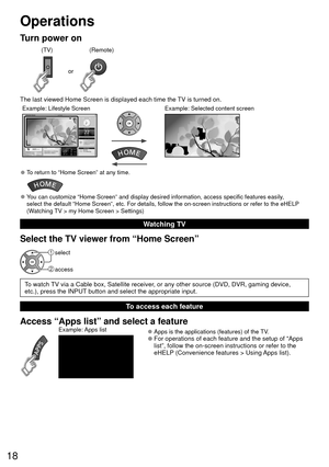 Page 1818
Operations 
Turn power on
or
(Remote)
(TV)
The last viewed Home Screen is displayed each time the TV is turned on.
Example: Selected content screenExample: Lifestyle Screen
 
●To return to “Home Screen” at any time.
 
●You can customize “Home Screen” and display desired information, ac\
cess specific features easily, 
select the default “Home Screen”, etc. For details, follow the on-\
screen instructions or refer to the eHELP 
(Watching TV > my Home Screen > Settings) 
Watching TV
Select the TV viewer...