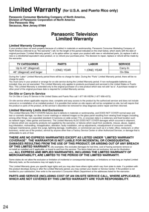 Page 2424
 Limited Warranty (for U.S.A. and Puerto Rico only)
Panasonic Consumer Marketing Company of North America,
Division of Panasonic Corporation of North America
One Panasonic Way
Secaucus, New Jersey 07094
Panasonic TelevisionLimited Warranty
Limited Warranty CoverageIf your product does not work properly because of a defect in materials \
or workmanship, Panasonic Consumer Marketing Company of 
North America (referred to as “the warrantor”) will, for the length of\
 the period indicated on the chart...