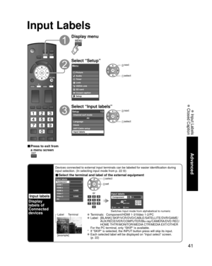 Page 4141
Advanced
 Input Labels
 Closed Caption
Input Labels
Input labels
Display
labels of
Connected 
devices
Devices connected to external input terminals can be labeled for easier \
identification during 
input selection. (In selecting input mode from p. 22 )
■ Select the terminal and label of the external equipment
GAME
GAME
Input labelsComponent
HDMI 1
HDMI 2
HDMI 3
Video 1
Video 2
PC
orG A A
SelectOK
RETURN
Delete
ABC  → abc
GY
Input labelsComponent
Switches Input mode from alphabetical to numeric...