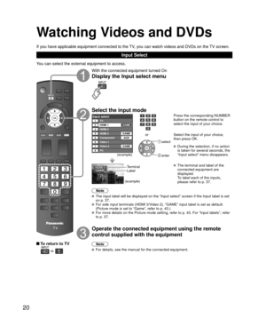 Page 2020
Watching Videos and DVDs
If you have applicable equipment connected to the TV, you can watch videos and DVDs on the TV screen.
Input Select
You can select the external equipment to access.
 To return to TV
  
With the connected equipment turned On
Display the Input select menu
Select the input mode
Input selectTV1
5
234
678
Component HDMI 1
HDMI 2
HDMI 3
Video 1
PC Video 2AUX
GAME
GAME
GAME(example)
or
 select
 enter
Press the corresponding NUMBER 
button on the remote control to 
select the input of...