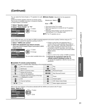 Page 3131
Advanced
 VIERA Link
TM “HDAVI Control
TM”
You can select the Home theater or TV speakers for audio 
output.
Control the theater speakers with the TV remote control.
This function is available only when a Panasonic Amplifier 
or Player theater is connected. Home theater: Adjustment for the equipment
  Volume up / down  
 Mute   
• The sound of the TV is muted.
• When the equipment is turned off, the TV speakers 
take over.
• Selecting “Home theater” turns the equipment on 
automatically if it is in...