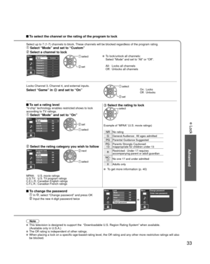 Page 3333
Advanced
 Lock
Note
 This television is designed to support the  “Downloadable U.S. Region\
 Rating System” when available. 
(Available only in U.S.A.)
 The Off rating is independent of other ratings. When placing a lock on a specific-age-based-rating level, the Off rating and any other more restrictive ratings will also 
be blocked.
 To select the channel or the rating of the program to lock
Select up to 7 (1-7) channels to block. These channels will be blocked regardless of the program rating....