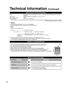 Page 4242
MessageMeaning
SD card slot is empty.  The card is not inserted.
No photos  The card has no data or this type of data is not supported.
Cannot read file  The file is broken or unreadable.  The TV does not support the format.
Data format for SD Card browsing
Photo:Still images recorded with digital still cameras compatible with JPEG fi\
les of DCF* and EXIF** 
standards
Data format: Baseline JPEG (Sub-sampling: 4:4:4, 4:2:2 or 4:2:0)
Max. number of files: 9,999
Image resolution: 160 x 120 to...