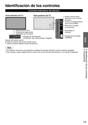 Page 1313
Inicio
Identificación de los controles
Controles/indicadores del televisor
Nota
 
●El televisor consume una pequeña cantidad de energía eléctrica \
incluso estando apagado. 
●No coloque ningún objeto entre el sensor de control remoto del televi\
sor y el mando a distancia.
Parte delantera del TV
Parte posterior del TV
Cambia la señal de entrada.
Selecciona el menú y la entrada 
de submenú.
(Presione y mantenga presionado 
para la función de MENU)
Subir/Bajar el 
volumen
Sensor del control remoto
El...