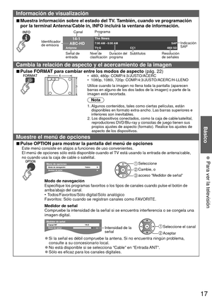 Page 1717
Básico
  Para ver la televisión
Información de visualización
 
■Muestra información sobre el estado del TV. También, cuando ve programación 
por la terminal Antenna/Cable in, INFO incluirá la ventana de información. 
 
14-1
ABC-HD
Antenna 7:00 AM - 8:00 AM
SAP
TV-G CC1 480i SD
The News
Canal
Identificador
de emisora Señal de 
entrada
Duración del 
programa
Nivel de 
clasificaciónSubtítulos Resolución 
de señalesIndicación 
SAP 
Programa
Cambia la relación de aspecto y el  acercamiento de la imagen...