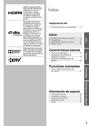 Page 33
Básico
Inicio
Avanzadas
Información de soporte
Índice
• Para ver la televisión ··················\
········ 16
• Visualización de contenido de 
dispositivos externos ··················\
··········· 19
• Utilización de Reproductor de 
Medios ·················\
··················\
············ 20
• Cómo utilizar las funciones de 
los menús ··················\
··················\
······· 21
• Información técnica ··················\
·········· 26
• Cuidados y limpieza ··················\
········· 31
•...