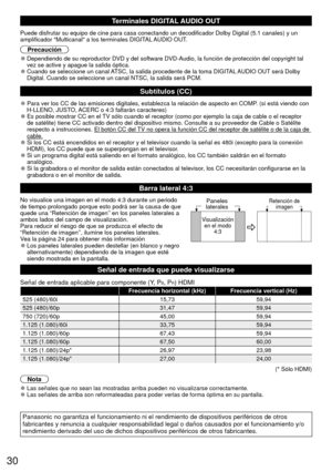 Page 3030
Terminales DIGITAL AUDIO OUT
Puede disfrutar su equipo de cine para casa conectando un decodificador \
Dolby Digital (5.1 canales) y un 
amplificador Multicanal a los terminales DIGITAL AUDIO OUT.
Precaución
 
●Dependiendo de su reproductor DVD y del software DVD-Audio, la funció\
n de protección del copyright tal 
vez se active y apague la salida óptica. 
 
●Cuando se seleccione un canal ATSC, la salida procedente de la toma DIGITAL AUDIO OUT será Dolby 
Digital. Cuando se seleccione un canal NTSC,...