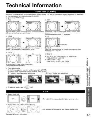 Page 5757
Support Information
 Technical Information
 Aspect Ratio (FORMAT)
Press the FORMAT button to cycle through the aspect modes. This lets you choose the aspect depending on the format 
of the received signal and your preference. (p. 20) 
(e.g.:  in case of 4:3 image)
 
●FULL 
●JUST
FULL JUST 
Enlarges the 4:3 image horizontally to the screen’s side edges.
(Recommended for anamorphic picture) Stretches to justify the 4:3 image to the four corners of the 
screen. 
(Recommended for normal TV broadcast)...