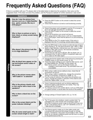 Page 6363
Support Information
QuestionsAnswers
Picture
 Frequently Asked Questions (FAQ)
If there is a problem with your TV, please refer to the table below to determine the symptoms, then carry \
out the 
suggested check. If this does not solve the problem, visit the Panasonic\
 website for further assistance. (see cover)
 Frequently Asked Questions (FAQ)
 Disposal
How do I view the picture from 
devices such as a: Cable/Satellite 
box,  game console, Blu-ray or 
DVD player?  Press the INPUT button on the...