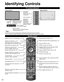 Page 1414
Identifying Controls
Note
 
●The TV consumes a small amount of electric energy even when turned off. 
●Do not place any objects between the TV remote control sensor and remote control.
TV controls/indicators
 Remote control
Switches TV On or Off (Standby)
 Displays 3D settings. (p. 27)
Lights the buttons for 5 seconds 
Press again to turn off the button lights
Select source to watch (p. 23)
Switches to input terminal 
that has “GAME” label (p. 23)
Displays Main Menu (p. 50)
Displays Sub Menu for...
