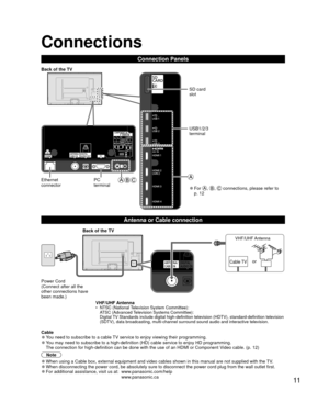 Page 1111
Connections
Connection Panels
VHF/UHF Antenna•  NTSC (National Television System Committee):ATSC (Advanced Television Systems Committee):
Digital TV Standards include digital high-definition television (HDTV), standa\
rd-definition television 
(SDTV), data broadcasting, multi-channel surround sound audio and inte\
ractive television.
  Antenna or Cable connection
 Cable 
●You need to subscribe to a cable TV service to enjoy viewing their programming. 
●You may need to subscribe to a high-definition...