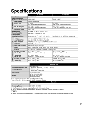 Page 2121
Specifications
TC-P55VT50TC-P65VT50
Power Source AC 120 V, 60 Hz
Power Consumption
(Rated power / Standby power)469 W / 0.2 W 560 W / 0.2 W
Display PanelPanel SystemPlasma Display panel
Screen size 55 ” class
(55.1 inches measured diagonally) 65 ” class 
(64.7 inches measured diagonally)
W × H × Diagonal 48.0 ” × 27.0 ” × 55.1 ”
(1,221 mm × 686 mm × 1,401 mm) 56.4 ” × 31.7 ” × 64.7 ”
(1,434 mm × 806 mm × 1,645 mm)
Number of pixels 1920 × 1080
Speaker Output 18 W [4 W + 4 W + 10 W] (10 % THD)
Channel...