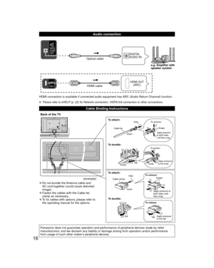 Page 1616
  Audio connection
HDMI cable
HDMI OUT (ARC)
Optical cable
DIGITAL 
AUDIO IN
e.g. Amplifier with
speaker system
HDMI connection is available if connected audio equipment has ARC (Audio Return Channel) function.
  Please refer to eHELP (p. 22) for Network connection, VIERA link connection or other connections.
Cable Binding Instructions
Back of the TV
 
●Do not bundle the Antenna cable and 
AC cord together (could cause distorted 
image).
 
●Fasten the cables with the Cable tie/
clamp as necessary....
