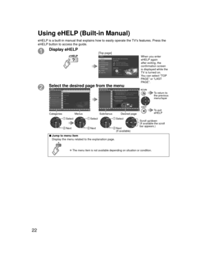 Page 2222
Display eHELP[Top page]When you enter 
eHELP again 
after exiting, the 
confirmation screen 
is displayed while the 
TV is turned on.
You can select “TOP 
PAGE” or “LAST 
PAGE”.
Select the desired page from the menu
 SelectScroll up/down
(If available the scroll 
bar appears.)
Submenus Desired pageCategories Menus
 Next
 Select
 Next
 Select
 Next(If available)
   To exit 
eHELP
  To return to 
the previous 
menu/layer
 
■Jump to menu item
Display the menu related to the explanation page.
 
●The menu...