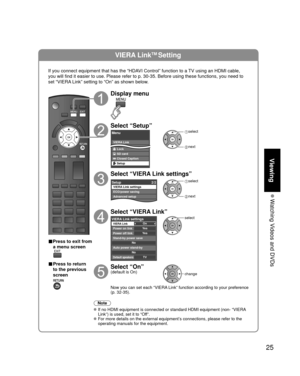 Page 2525
Viewing
 Watching Videos and DVDs
VIERA LinkTM Setting
If you connect equipment that has the “HDAVI Control” function to a TV using an HDMI cable, 
you will find it easier to use. Please refer to p. 30-35. Before using t\
hese functions, you need to 
set “VIERA Link” setting to “On” as shown below.
■Press to exit from a menu screen
■ Press to return 
to the previous 
screen
Display menu
Select “Setup”
Menu
VIERA Link
Picture
Lock
SD card
Closed Caption
Setup
 select
 next
Select “VIERA Link settings”...
