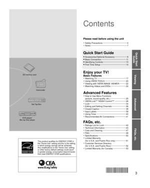 Page 33
Viewing
Advanced
FAQs, etc.
Quick Start Guide
This product qualifies for ENERGY STAR in 
the “Home Use” setting and this is the setting 
in which energy savings will be achieved. 
Any modifications to the “Home Use” setting 
or other factory default settings could result 
in greater energy consumption beyond levels 
that meet ENERGY STAR qualifications.
SD memory card
Camcorder
Set Top Box
DVD player/
Blu-ray Disc player
●  Watching TV ··················\
··················\
·············· 17
●  Using...