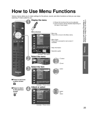 Page 2525
Viewing
25
Viewing
Advanced
 How to Use Menu Functions Watching Videos and DVDs
How to Use Menu Functions
Various menus allow you to make settings for the picture, sound, and othe\
r functions so that you can enjoy 
watching TV best suited for you.
 Press to exit from a menu screen
 Press to return to the previous 
screen
 
Display the menu
  Shows the functions that can be adjusted.  Some functions will be disabled depending on  the type of input signal.
Edit
RETURN
ABC Delete
abc
Menu
RGBY...