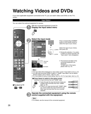 Page 2626
Watching Videos and DVDs
If you have applicable equipment connected to the TV, you can watch videos and DVDs on the TV’s 
screen.
Input Select
You can select the external equipment to access.
■ To return to TV
  
With the connected equipment turned On
Display the Input select menu
Select the input mode
Input selectTV12345678
Component 1
Component 2
HDMI 1
HDMI 2
HDMI 3
Video 1
Video 2
90PCAUX
GAME
HDMI 4 GAME
GAME
(example)
or
 select
 enter
Press corresponding NUMBER 
button on the remote control to...