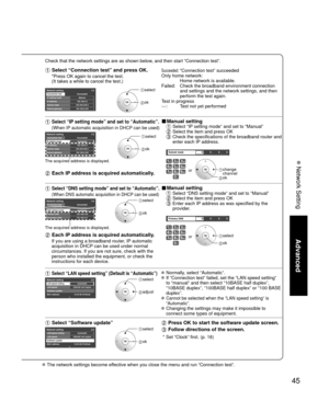 Page 4545
Advanced
 Network Setting
 The network settings become effective when you close the menu and run “Connection test”.
Check that the network settings are as shown below, and then start “Connection test”.
  Select “Connection test” and press OK.Succeeded: “Connection test” succeeded
Only home network:
    Home network is available.
Failed:   Check the broadband environment connection 
and settings and the network settings, and then 
perform the test again.
Test in progress
---:      Test not yet...