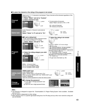 Page 4949
Advanced
 Lock
■ To select the channel or the rating of the program to be locked
Channel 
lock
Select up to 7 (1-7) channels to be blocked. These channels will be blocked regardless of the 
program rating. 
 Select “Mode” and set to “Custom”
 Select channel to lock.
Custom3
4
-
-
-
Channel lockMode
Channel 1
Channel 2
Channel 3
Channel 4
Channel 5 select 
 set
 To lock/unlock all channels:
  Select “Mode” and set to “All” or “Off”.
  All:  Locks all channels
  Off: Unlocks all channels
Game lock
Locks...