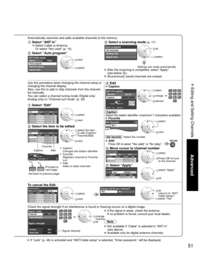 Page 5151
Advanced
 Editing and Setting Channels
Automatically searches and adds available channels to the memory.
 Select “ANT in”    Select Cable or Antenna 
Or select “Not used” (p. 16). 
 Select “Auto program”
CableANT/Cable setupANT in
Auto program
Manual program
Signal meter next
 select
 Select a scanning mode (p. 17)
Auto programAll channels
Analog only
Digital only ok
 select
Settings are made automatically  After the scanning is completed, select “Apply”.(see below ). All previously saved channels are...