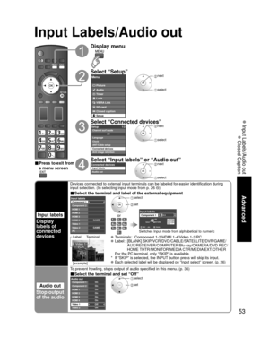 Page 5353
Advanced
 Input Labels/Audio out
 Closed Caption
Input Labels/Audio out
Input labels
Display
labels of
connected 
devices
Devices connected to external input terminals can be labeled for easier \
identification during 
input selection. (In selecting input mode from p. 26 )
■ Select the terminal and label of the external equipment
GAME
GAME
Input labelsComponent 1
Component 2
HDMI 1
HDMI 2
HDMI 3
HDMI 4
Video 1
Video 2
PC
orG A A
SelectOK
RETURN
Delete
ABC  → abc
GY
Input labelsComponent 1
Switches...