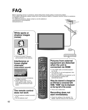 Page 6262
FA Q
Before requesting service or assistance, please follow these simple guid\
es to resolve the problem.
If the problem still persists, please contact your local Panasonic deale\
r or Panasonic Service Center for assistance. 
For details (p. 66, 67)
For additional assistance, please contact us via the website at: 
www.panasonic.com/contactinfo
www.panasonic.ca
White spots or
shadow images
(noise)
 Check the position, direction,
and connection of the antenna.
Interference or 
frozen digital 
channels...