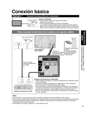 Page 1111
Guía de inicio rápido
 Conexión básica (Antena + TV) Accesorios/Accesorio  opcional
Para conectar la terminal de la antena y la caja de cables
COMPONENT
IN
VIDEOIN
1
12
HDMI 1HDMI 2HDMI 3
RS232C
HDMI 1HDMI 2HDMI 3
RS232C
ANT OUTANT IN
Conexión básica
Nota
  
Con el televisor no se suministran todos los cables y equipos externos m\
ostrados en este manual.   Para conocer los detalles de las conexiones de los equipos externos, con\
sulte los manuales de instrucciones de cada equipo. Cuando desconecte el...