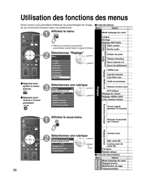 Page 10836
MenuOption 
Réglage
Mode balayage de canal
Langue
Horloge
Réglage ANT/Câble
Appareils 
raccordésldent. prises
Sortie audio
Anti-rémanence  image 
Orbitor de pixel 
Temps (minutes)
Barre latérale 4:3
Barre de défilement
Réglage VIERA LinkVIERA Link
Lien-En marche
Lien-Hors mar.
Veille économique
Attente contact auto
H-P initiaux
Réglage du réseau
Réglage VIERA CAST
Liste caméras réseau
Économie d’énergie
Aucun signal 
pendant 10 minutes
Période d’inactivité 
de 3 heures
Réglage évolué
Contact auto
DEL...