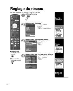 Page 11644
Réglage du réseau
Ceci est un réglage pour une connexion à un service à haut dé\
bit.
■ Appuyez pour 
quitter le menu 
décran
■ Pour revenir à 
l’écran précédent
Affichez le menu
Sélectionnez “Réglage”
Menu
VIERA Link Image
Audio
Minuterie
Blocage
Carte SD
Sous-titres
Réglage
 sélection
 réglage ou suivant
Sélectionnez “Réglage du réseau”
Réglage2/2
Réglage évolué
À propos
Rétablir défaut Réglage VIERA Link
Réglage du réseau
Réglage VIERA CAST
Liste caméras réseau
Économie d’énergie
sélection...