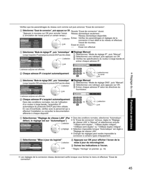 Page 11745
Fonctions avancées
 Réglage du réseau
Vérifiez que les paramétrages du réseau sont comme suit puis am\
orcez “Essai de connexion”.
  Sélectionnez “Essai de connexion”, puis appuyez sur OKRéussite: “Essai de connexion” réussi.
Réseau domestique seulement :
    Réseau domestique disponible.
Échec:   Vérifiez les paramétrages et réglages de la 
connexion à haut débit et du réseau et effectuez 
l’essai de nouveau.
Essai en cours.
---: Essai non effectué
*Appuyez à nouveau sur OK pour annuler l’essai....
