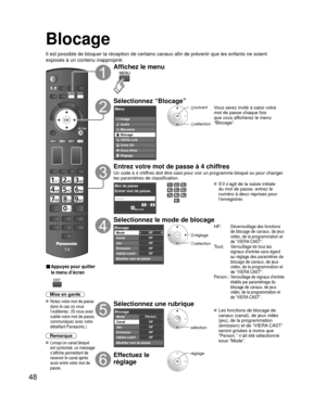 Page 12048
Blocage
Il est possible de bloquer la réception de certains canaux afin de pr\
évenir que les enfants ne soient 
exposés à un contenu inapproprié.
■ Appuyez pour quitter 
le menu d’écran
 
Mise en garde
 Notez votre mot de passe 
dans le cas où vous 
l’oublieriez. (Si vous avez 
oublié votre mot de passe, 
communiquez avec votre 
détaillant Panasonic.)
Remarque
 Lorsqu’un canal bloqué 
est syntonisé, un message 
s’affiche permettant de 
recevoir le canal après 
avoir entré votre mot de 
passe....