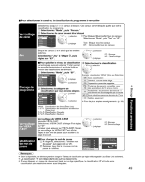 Page 12149
Fonctions avancées
 Blocage
■ Pour sélectionner le canal ou la classification du programme à ver\
rouiller
Verrouillage 
de canal
Sélectionnez jusqu’à 7 (1-7) canaux à bloquer. Ces canaux seront bloqués quelle que soit la 
classification du programme.
 Sélectionnez “Mode”, puis “Person.”
 Sélectionnez le canal devant être bloqué
Person.3
4
-
-
-
Blocage canauxMode
Canal 1
Canal 2
Canal 3
Canal  4
Canal  5 sélection 
 réglage
 Pour bloquer/déverrouiller tous les canaux:Sélectionnez “Mode”, puis “Tout”...