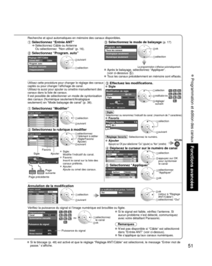 Page 12351
Fonctions avancées
 Programmation et édition des canaux
Recherche et ajout automatiques en mémoire des canaux disponibles. 
 Sélectionnez “Entrée ANT”    Sélectionnez Câble ou Antenne 
Ou sélectionnez  “Non utilisé” (p. 16).
 Sélectionnez “Program. auto”
CâbleRéglage ANT/CâbleEntrée ANT
Program. auto
Program. manuelle
Fréquencemètre suivant
 sélection
 Sélectionnez le mode de balayage (p. 17)
Program. autoTous les canaux
Analogique seulement
Numérique seulement ok
sélection
La programmation s’effectue...