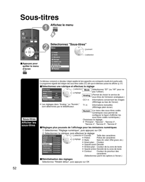 Page 12452
Sous-titres
Sous-titres
Afficher les 
sous-titres
Ce téléviseur comprend un décodeur intégré capable de fai\
re apparaître une contrepartie visuelle de la partie audio.Le programme regardé doit intégrer des sous-titres codés (CC)\
 afin que le téléviseur puisse les afficher (p. 57)
■ Sélectionnez une rubrique et effectuez le réglage
 
PrimaireCC1EF
Sous-titres
Numéri. Mode
Analog.
Réglage numérique Rétablir défaut
sélection
 réglage 
Mode
Sélectionnez “EF” (ou “HF” pour ne 
pas l’utiliser).
Analog....