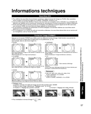 Page 12957
FAQ, etc.
 Informations techniques
 Liste des classifications aux fins de blocage
Informations techniques
Sous-titres (CC) 
 Pour afficher les sous-titres d’une émission numérique, réglez le f\
ormat de l’image sur PLEIN. (Des caractères seront coupés si le format est réglé sur H-LARGE, CADRAGE, ZOOM\
 ou 4:3)
 Les sous-titres peuvent être affichés à l’écran si les sous-titres sur le récepteur (so\
it un décodeur ou un récepteur de 
télévision par satellite) sont en service par l’entremise du r\...