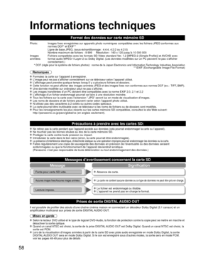 Page 13058
Informations techniques 
MessageSignification
Fente pour carte SD vide. Absence de carte.
Aucunes images fixes/Aucunes images animées La carte ne contient aucune donnée ou ce type de données ne peut ê\
tre pris en charge.
Lecture imposs. Le fichier est endommagé ou illisible. L’appareil ne prend pas en charge le format.
Messages d’avertissement concernant la carte SD
 Ne retirez pas la carte pendant que l’appareil accède aux donné\
es (cela pourrait endommager la carte ou l’appareil). Ne touchez pas...