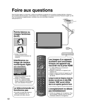 Page 13462
Foire aux questions
Avant de faire appel à un technicien, vérifiez les problèmes et \
apportez les corrections simples décrites ci-dessous.Si le problème devait persister, communiquez avec votre détaillant ou un centre de service Panasonic\
 agréé. (p. 65)Pour une assistance supplémentaire, contactez-nous via le site Web à l’adresse: 
www.panasonic.ca
Points blancs ou 
images fantômes 
(bruit)
 Vérifiez l’emplacement, 
l’orientation et la connexion de 
l’antenne.
Interférence ou 
image de canaux...