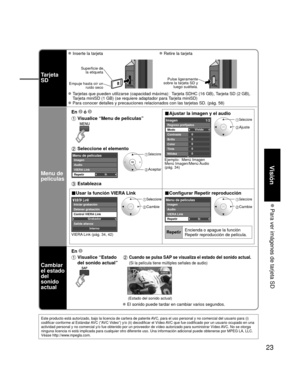 Page 2323
Visión
 Para ver imágenes de tarjeta SD
Tarjeta 
SD
 Inserte la tarjeta Retire la tarjeta
Superficie dela etiqueta
Empuje hasta oír un  ruido seco
Pulse ligeramente 
sobre la tarjeta SD y  luego suéltela.
 Tarjetas que pueden utilizarse (capacidad máxima):  Tarjeta SDHC (16 GB), Tarjeta SD (2 GB), 
Tarjeta miniSD (1 GB) (se requiere adaptador para Tarjeta miniSD)
 Para conocer detalles y precauciones relacionados con las tarjetas SD. (\
pág. 58)
Menu de 
peliculas
En  ó ■Ajustar la imagen y el audio...
