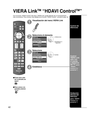 Page 4242
VIERA LinkTM “HDAVI ControlTM” 
Con la función “HDAVI Control” del menú “VIERA Link” puede disfrutar de un funcionamiento 
más conveniente. Para conocer más detalles de la función “HD\
AVI Control”, consulte la pág. 38.
■ Pulse para salir 
de la pantalla de 
menú
■ Para volver a la 
pantalla anterior
 
Visualización del menú VIERA Link
Seleccione el elemento
Grabador
Interno
Control VIERA Link
Salida altavoz Iniciar grabación
Detener grabación
 Seleccione
 Establezca ó Siguiente
Seleccione
Cine para...