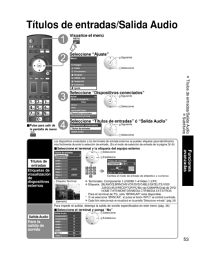 Page 5353
Funciones 
avanzadas
 Títulos de entradas/Salida Audio
 Subtítulos
Títulos de entradas/Salida Audio
Títulos de 
entradas
Etiquetas de 
visualización 
de 
dispositivos 
externos
Los dispositivos conectados a los terminales de entrada externos se pued\
en etiquetar para identificarlos 
más fácilmente durante la selección de entrada. (En el modo de\
 selección de entrada de la página 26 )
■ Seleccione el terminal y la etiqueta del equipo externo
JUEGO
JUEGO
Títulos de entradasComponente 1
Componente 2...