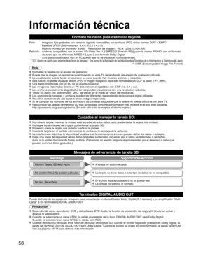 Page 5858
Información técnica 
 No retire la tarjeta mientras la unidad está accediendo a los datos (\
esto puede dañar la tarjeta ó la unidad). No toque las terminales de la parte posterior de la tarjeta SD. No ejerza sobre la tarjeta una presión fuerte ni la golpee. Inserte la tarjeta en el sentido correcto (de lo contrario, la tarjeta \
podría dañarse). La interferencia eléctrica, la electricidad estática ó el funci\
onamiento erróneo pueden dañar los datos ó la tarjeta. Haga una copia de seguridad de los...