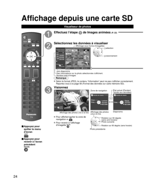 Page 9624
Affichage depuis une carte SD 
Visualiseur de photos
■ Appuyez pour 
quitter le menu 
d’écran
■ Appuyez pour 
revenir à l’écran 
précédent
Effectuez l’étape  de Images animées (P. 22)
Sélectionnez les données à visualiser
DiaporamaDossierRYTrier par moisGTrier par dateB
OK
SélectionRETURN
Total
238Nom
pana0001
Date
 03/04/2009
Taille 1029×1200
Visualiseur de photos
Toutes les photos
Pana0001 Pana0002 Pana0003 Pana0004
Pana0005 Pana0006 Pana0007 Pana0008
Pana0009 Pana0010 Pana0011 Pana0012
sélection...