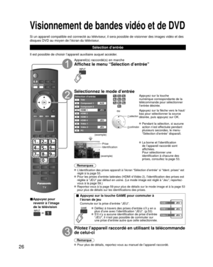 Page 9826
Visionnement de bandes vidéo et de DVD
Si un appareil compatible est connecté au téléviseur, il sera possible de visionner des images vidéo et des 
disques DVD au moyen de l’écran du téléviseur.
Sélection d’entrée
Il est possible de choisir l’appareil auxiliaire auquel accéder.
■Appuyez pour revenir à l’image 
de la télévision
  
Appareil(s) raccordé(s) en marche
Affichez le menu “Sélection d’entrée”
Sélectionnez le mode d’entrée
Sélection d’entréeTélé12345678
Composant 1
Composant 2
HDMI 1
HDMI 2...