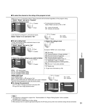 Page 5151
Advanced
 Lock
Note
 This television is designed to support the  “Downloadable U.S. Region\
 Rating System” when available. 
(Available only in U.S.A.)
 The Off rating is independent of other ratings. When placing a lock on a specific-age-based-rating level, the Off rating and any other more restrictive ratings will also be blocked.
 To select the channel or the rating of the program to lock
Select up to 7 (1-7) channels to block. These channels will be blocked regardless of the program rating....