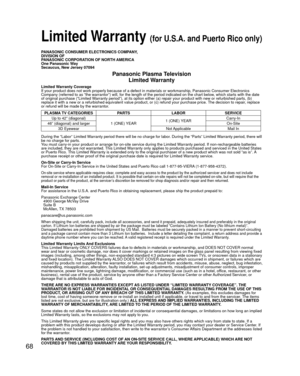 Page 6868
PANASONIC CONSUMER ELECTRONICS COMPANY,
DIVISION OF
PANASONIC CORPORATION OF NORTH AMERICA
One Panasonic Way
Secaucus, New Jersey 07094
Panasonic Plasma TelevisionLimited Warranty
Limited Warranty Coverage
If your product does not work properly because of a defect in materials \
or workmanship, Panasonic Consumer Electronics 
Company (referred to as “the warrantor”) will, for the length of\
 the period indicated on the chart below, which starts with the date 
of original purchase (“Limited Warranty...