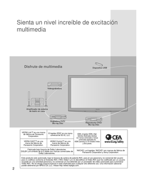 Page 22
VIERA Link™ es una marca de fábrica de Panasonic  Corporation.El logotipo SDXC es una marca comercial de SD-3C, LLC.HDMI, el logotipo HDMI y High-Definition Multimedia Interface
son marcas comerciales o marcas  comerciales registradas de
HDMI Licensing LLC en Estados Unidos  y otros países.
VIERA CAST™ es una marca de fábrica de 
Panasonic Corporation. HDAVI Control™ es una 
marca de fábrica de 
Panasonic Corporation.
Fabricado bajo licencia de Dolby Laboratories.
DOLBY y el símbolo de la D doble son...