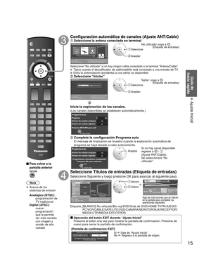 Page 1515
Guía de 
inicio rápido
 Ajuste Inicial
 Para volver a la
pantalla anterior
Nota
  Acerca de los 
sistemas de emisión
 Analógico (NTSC):
     programación de 
TV tradicional
 Digital (ATSC):
     nueva 
programación 
que le permite 
ver más canales 
con imagen y 
sonido de alta 
calidad
Configuración automática de canales (Ajuste ANT/Cable) Seleccione la antena conectada en terminalAjuste ANT/Cable
Paso 3 de 6
Nota: Seleccione “Cable” cuando vea TV por
Caja de Cable DTA. Seleccione “No utilizado”...